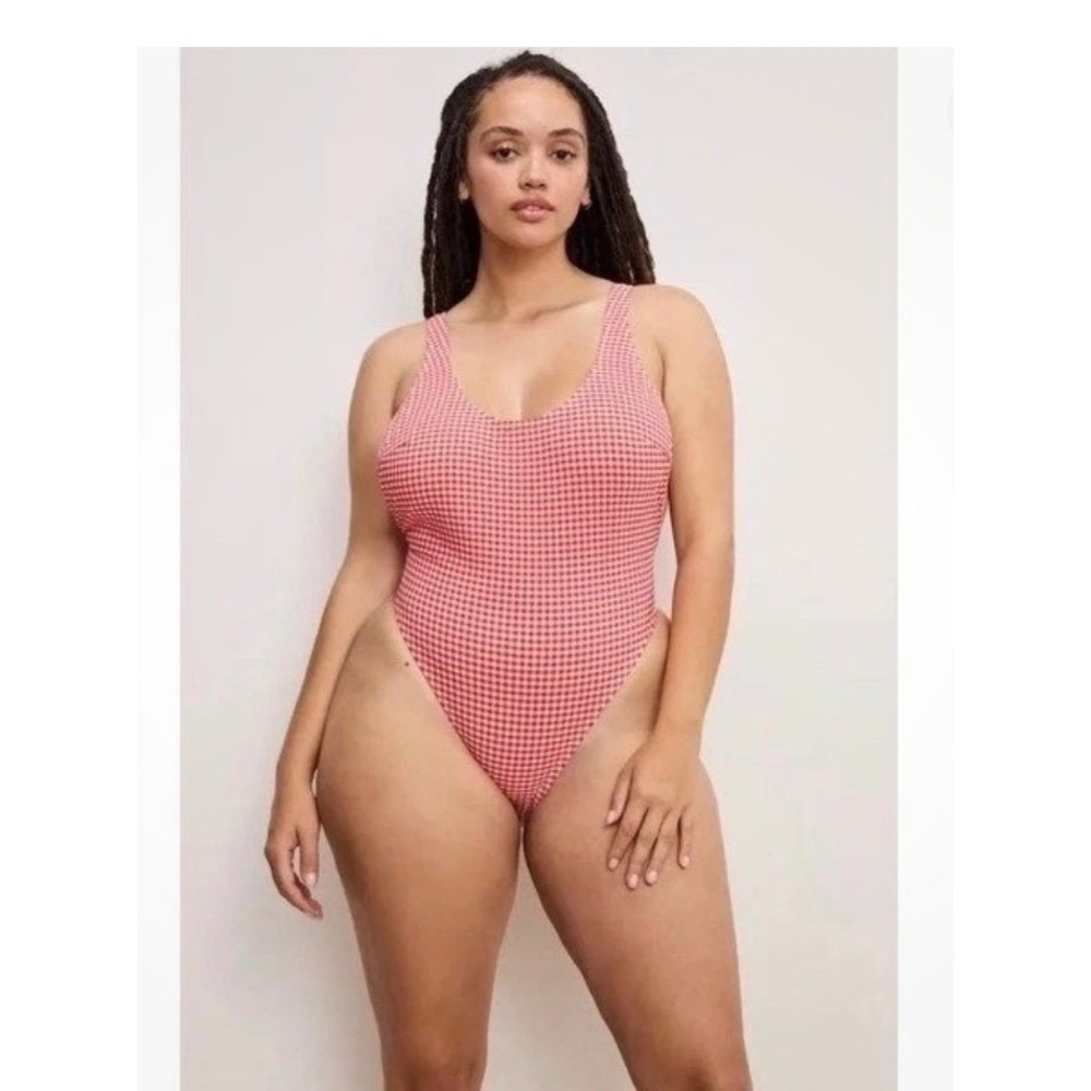 Good American Gingham One Piece Swimsuit Red White High Cut Size M 2 NWT